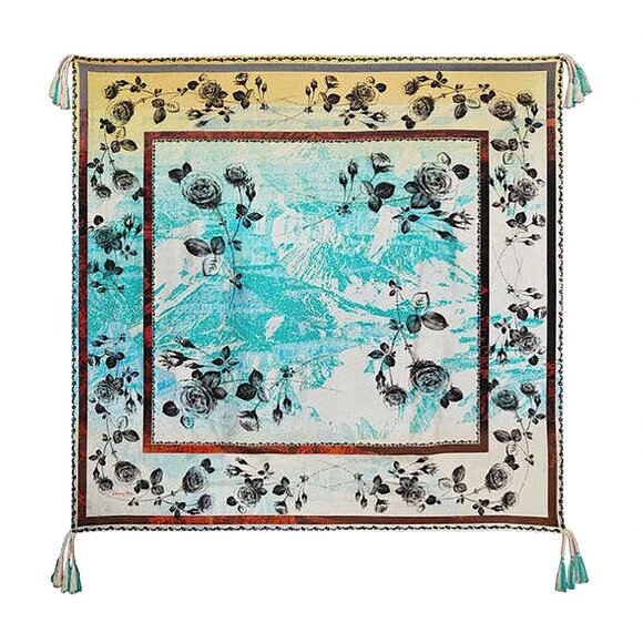 Johnny Was Emillia Silk Scarf Blue Square Large Beige Scarves Floral Tassels NEW - Picture 1 of 6